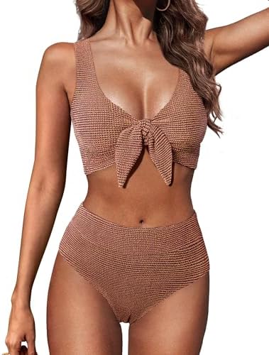 Hanna Nikole Women High Waisted Bikini Sets, Two Piece Swimsuit Tummy Control, Textured Bathing Suits, Tie Knot Swimwear