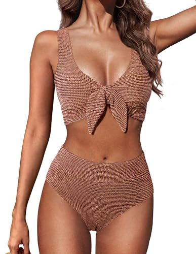 Hanna Nikole Women High Waisted Bikini Sets, Two Piece Swimsuit Tummy Control, Textured Bathing Suits, Tie Knot Swimwear