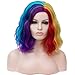 Mildiso Short Colored Wigs Wavy Rainbow Hair Wig for Women Party Cosplay Costume with Cap (Multi-colored) M058B