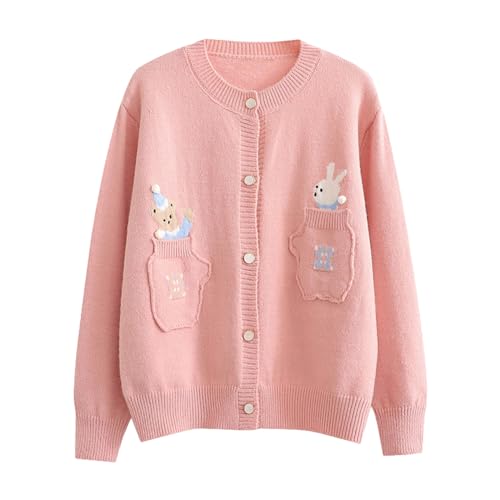 Japanese Knit Cute Cardigan Girls Button Up Vintage Crewneck Kawaii Bunny Print Open Front Uniform Sweater