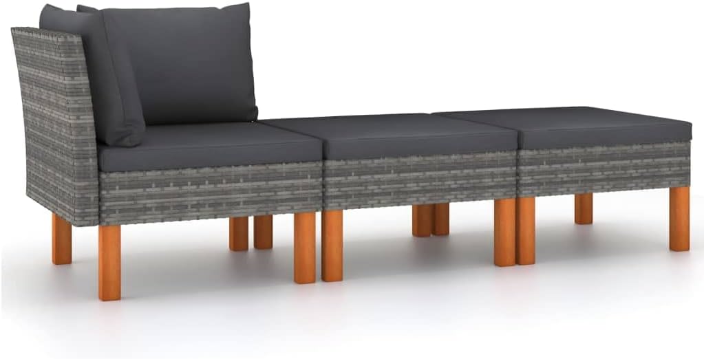 vidaXL 3-Piece Patio Lounge Set/Joyful Gray Poly Rattan Sofa Set with Solid Eucalyptus Wood Legs/Comes with Comfortable, Washable Anthracite Cushions for Relaxation