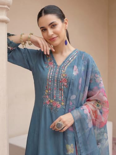 Image of INDO ERA Women's Silk Blend Embroidered Zari Work Straight Kurta & Pant Set | Cord Set For Women