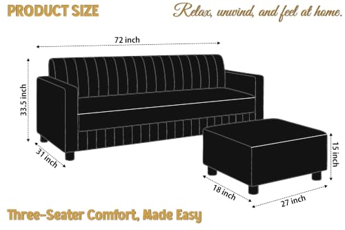 Image of 3 Seater Velvet Sofa with Ottoman | Modern Upholstered Couch | Comfortable Living Room Sofa | Durable & Stylish Seating for Home, Office & Guest Room - Black Color