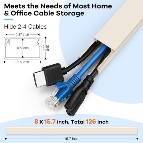 Image of 126in Cord Hider Kit, Wire Hiders for TV on Wall, Paintable Cable Management Kit, Wire Cover for Wall Mount TV, Hide Wires Along Wall, Beige Cord Cover Wall Wire Management, 8xL15.7in W0.95in H0.55in
