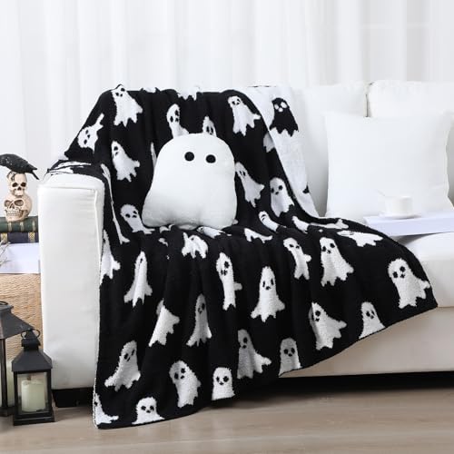 FuWeave Halloween Ghost Throw Blankets Pillow Set Include Double Sided Spooky Black and White Flannel Throw Blanket 50 x 60 Inch and Cozy Ghost Plush Pillows Cushion for Couch Sofa Bed Decorations