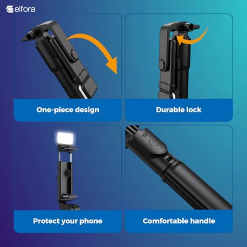 Image of Elfora R1S Selfie Stick Tripod Stand | Bluetooth Wireless Remote with Rechargeable LED Light | 2 Brightness levels for Vlogging & Photoshoots | Extendable Tripod for All Smartphones and iPhones(Black)