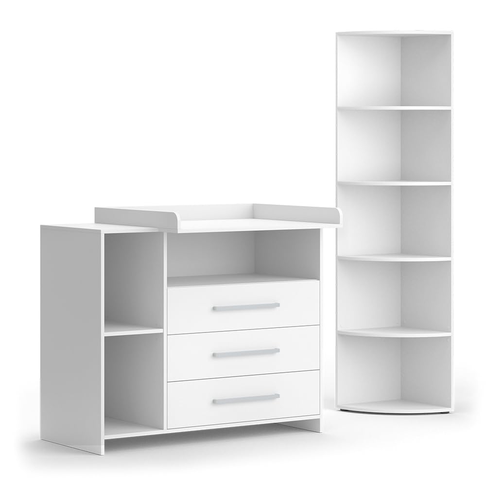 Vicco Juego de Cuarto de bebé Oskar, Blanco, 2 Partes, con Cambiador y Estante para Juguetes, Convertible en cómoda Normal Tras retirar el Cambiador