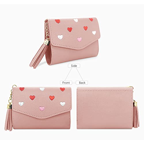 FuninCrea Ladies Purse Wallet, Small PU Leather Women’s Wallet, Three-fold Ladies Purse with 8 slots, Fashion Coin Purse with Embroidery Heart Pattern for Cash, ID Card, Credit Card (pink)4