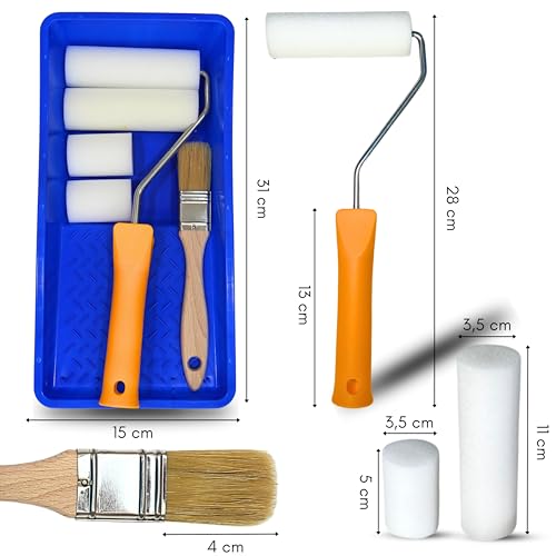 DAN&MAR® Komplettes Set mit Schaumstoffrolle und Wanne, 11 cm, für synthetische und Acrylfarben, speziell für die Restaurierung von Möbeln (Set mit Rolle und Eimer)