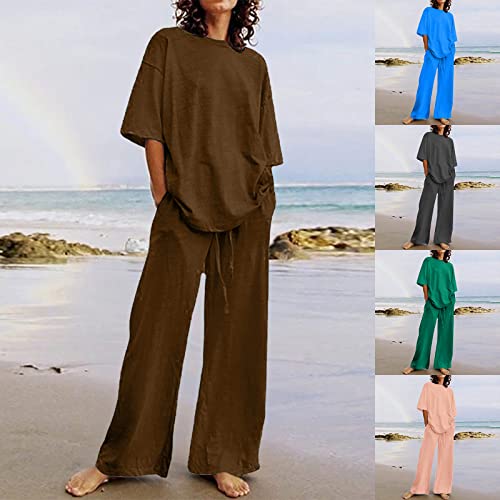 Hgps8W Women's Cotton Linen Two Piece Outfits Summer Loose 3/4 Sleeve Oversized Top And Cropped Pants Set Casual Tracksuit #TOP1