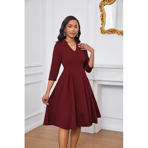 Max2co Midi Dresses for Women Semi Formal Fit and Flare A-Line Swing Dress 3/4 Sleeve Church Cocktail Dress with Pockets4