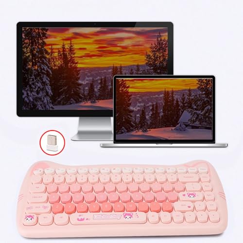 2,4 G Kabellose Tastatur und Maus-Kombination, Niedliche Retro-Tastatur mit Runden Tastenkappen, 84 Tasten Schreibmaschinentastatur und 4 Tasten Maus-Set für PC Laptop (PINK) – Bild 6