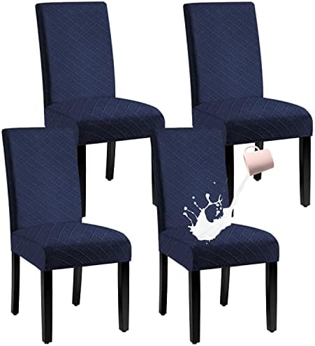 BOGUANG Waterproof Dining Chair Cover,Spandex Fabric Fit Stretch Chair Slipcover,Removable Washable Jacquard Parsons Chair Covers (Navy,Set of 4)