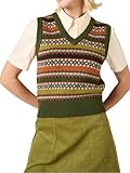 Women Vintage Embroidery Sleeveless Sweater Vest V Neck Stripes Geometric Knitted Tops Sping Fall Cropped Knitwear (A-Khaki, M)
