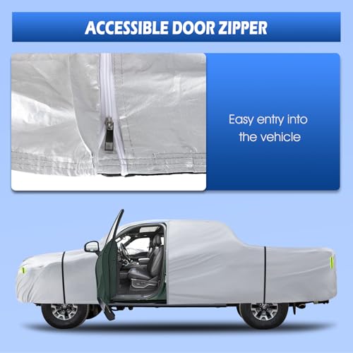 Image of Truck Cover Waterproof All Weather, 6 Layers Pickup Cover with Zipper & Cotton Fit for Toyota Tacoma, Dodge Dakota, Nissan Titan (T2 Fit Truck Length Up to 230 inch), Silver