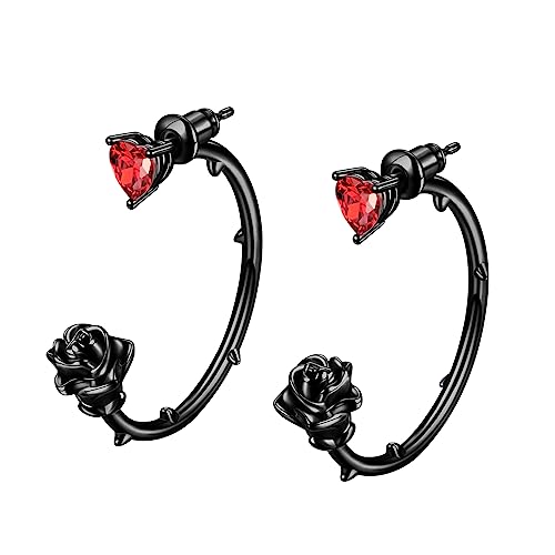 Beautlace Rose Hoop Earrings Sliver/Black Gun Plated Cute Elegant Flower Earring with Birthstone Jewelry Gifts for Women KE0102