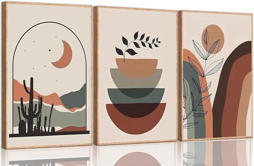 Toile murale bohème moderne 70x90 cm lot de 3 affiches abstraites neutres lune soleil plantes