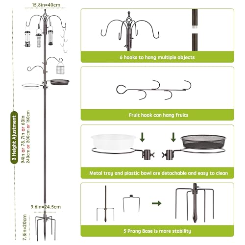 Bird Feeder Station with Suet Cage & Water Bowl Fruit Hook- Adjustable Pole, 6 Hanging Hooks for Wild Birds, Outdoor Garden Bird Feeding Kit - Image 3
