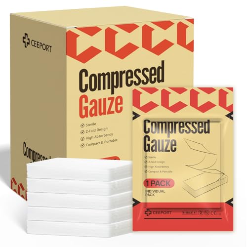Ceeport Sterile Compressed Gauze with Z-Folded 6 Individual Pack 4.5 x 4.1 Yards 6-Ply White Cotton Gauze Compression Bandage for Emergency Wound Dressing First Aid and Trauma Kit