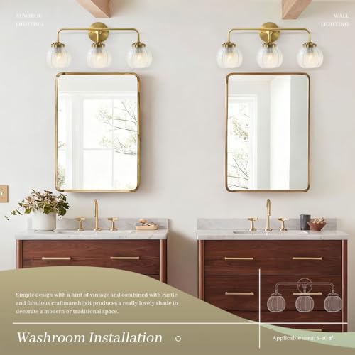 Image of Vintage Wall sconces Bathroom Vanity Lights Over Mirror 3 Light Gold Wall sconce with clear Glass Shade mid Century modern Wall Sconce Glass globe wall lamp Wall Lighting for Bedroom Doorway Hallway