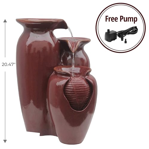 Teamson Home Jar 3 Tiered Floor Waterfall Fountain with Pump for Outdoor Patio Garden Backyard Decking, 20 Inch Height, Brown