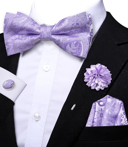 Image of Hi-Tie Bow Ties for Men Pre-Tied Pocket Square with Cufflinks Mens Bowtie Sets for Wedding Formal Party