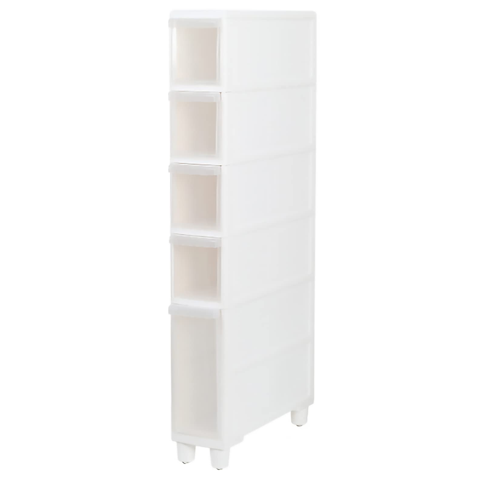 Armadietto da pavimento alto stretto per bagno, cassettiera verticale con 4 cassetti trasparenti e rotelle, carrello sottile autoportante per cassettiera, larghezza 14 cm/22 cm, montaggio