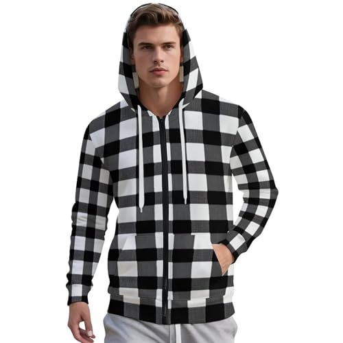 Plaid Black And White Men's Hoodies with Zipper Lightweight Long Sleeve Casual Sweatshirts2