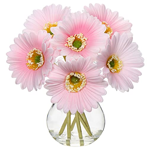 Briful Gerbera Daisy Artificial Flowers With Vase, Fake Daisy Flowers In Glass Vase With Faux Water, Real Touch Silk Faux Flowers With Stem For Home Bookshelf Tabletop Bathroom Decorations,Pink #TOP6