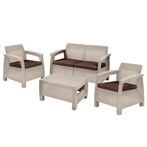 Keter Salottino Da Giardino Corfu, Composto Da Due Poltrone, Divano E Tavolino, Cuscini Inclusi, Realizzato Con Caratteristica Finitura Intrecciata, C