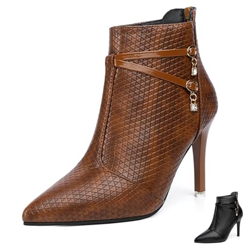 Women's Leather Fall Winter Fashion Stiletto High Heel Ankle Boots Sexy Pointed Toe Comfortable Back Zipper High Heel Dress Short Booties for Daily Office Work Party