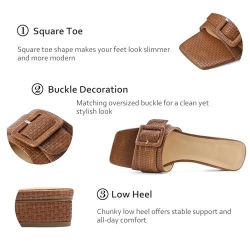 Women's Slide Heeled Sandals Opened Square Toe Chunky Block Heel Slippers with Buckle Slip on Casual Comfortable Pumps2