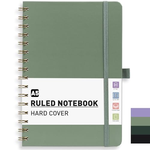 PYNEX Cuaderno A5 rayado, tapa dura, cuaderno, cuaderno de espiral con 140 hojas, 100 g/m², diario para adultos, escuela, verde salvia