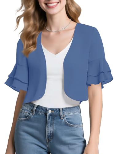 Image of Urban CoCo Women's Sheer Chiffon Bolero Shrug Ruffle Short Sleeve Open Front Cropped Cardigan for Dresses