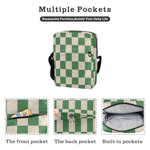 crossbody messenger bag mens shoulder bags crossbody Shoulder Handbag Adjustable Strap for Travel Travel- Grass Green and Beige Checkerboard Pattern2