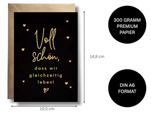 WBdesignz Liebeskarte „Voll Schön, dass wir gleichzeitig leben!“ mit Umschlag - mit roségoldenen Herzen - romantische, süße Grußkarte für Freunde, Partner - Valentinstag - Valentinstagskarte (DIN A6)
