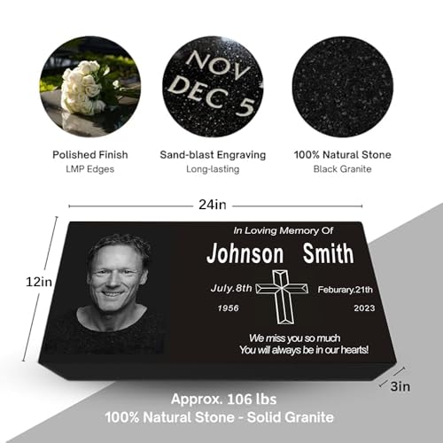 SHINCEL Flat Headstone for Cemetery, 24×12x3,100% Monument Grade Granite Headstone, Custom Engraved Tombstone,Memorial Stone, Permanent Grave Markers for Cemetery,Flat Gravestone