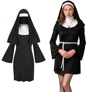 YDUNARISE 4 Stücke Nonnenkostüm Damen Set, mit Nonnenrock,Kreuzkette, Halloween Glitzersteine Gesicht, Nonnenhaube,für Halloween Karneval Fasching Cosplay (L(165-175cm，65-75kg))