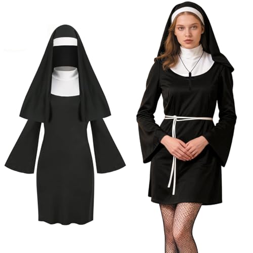 YDUNARISE 4 Stücke Nonnenkostüm Damen Set, mit Nonnenrock,Kreuzkette, Halloween Glitzersteine Gesicht, Nonnenhaube,für Halloween Karneval Fasching...