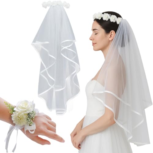 JYNVO Velo Novia De Blanco De 2 Niveles, Lleva Una Pulsera Blanca Con Flores, Velo De Novia De Tul Con Peine, Para Despedida De Soltera Y Despedida De Soltera, 100 cm, Blanco