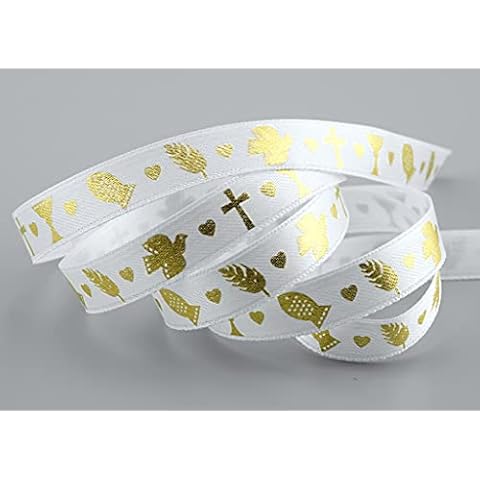 finemark 20 m x 15 mm Decorative Ribbon Communion Fish Dove Cross White Gold Ribbon Gift Ribbon Satin Without Wire Hearts Confirmation Ribbon with Pattern Decorative Satin Ribbon Glossy Cover