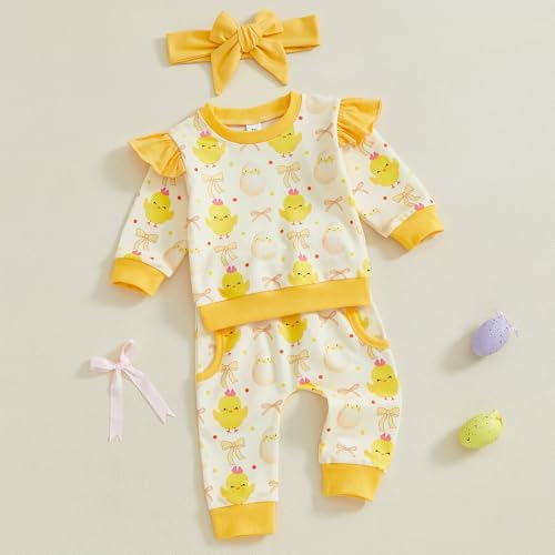 Toddler Baby Girl Easter Outfit Chicks Bow Print Ruffle Sweatshirt Long Pants Headband Set 0 6 12 18 24M 2 3T2