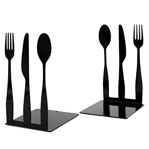 Cookbook Bookends Kitchen Fork Knife Spoon Book Ends Support with Non-slip pad, Black Metal Cookery Book Holder for Kitchen Shelf Mothers Day Teachers Day Housewarming Cooking Lover Gifts (1 Pair)