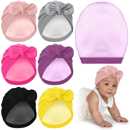 Image of Halfchet 6 Pcs Newborn Satin Bonnet Silk Stretchy Satin Lined Baby Beanie Turban Hat with Bow for Infant Toddler 0-6 Months