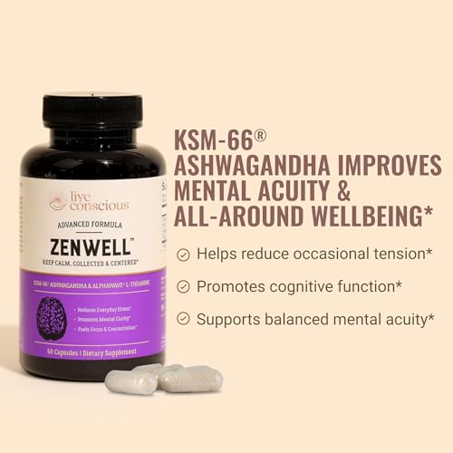 Live Conscious KSM-66 Ashwagandha Supplement w/L Theanine & AlphaWave - ZenWell Everyday Stress Relief, Cognitive, Brain Health - Ashwagandha for Men & Women - 60 Capsules