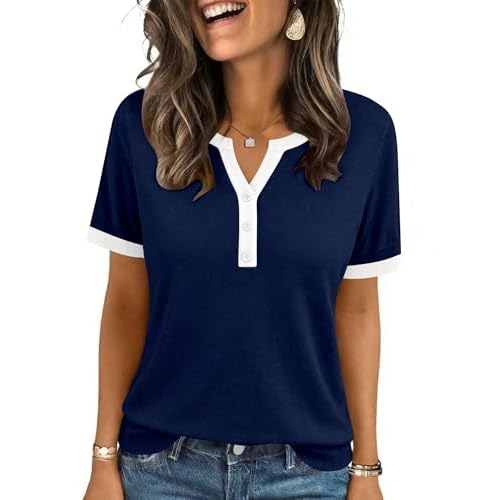 LOMON Womens Short Sleeve Sweater V Neck Lightweight Knit Spring Summer Tops Henley Button Blouses