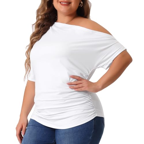 Agnes Orinda Plus Size Tops for Women One Shoulder Short Sleeve Ruched Basic Blouses Summer Tee Tops2