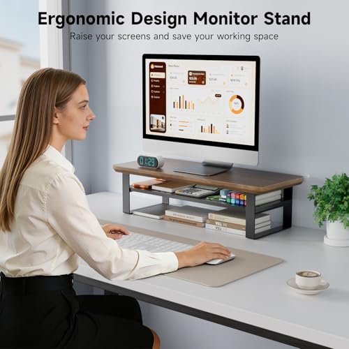 Image of Monitor Stand Riser, 24 Inch Computer Monitor Stand for Desk, 2-Tier Wood Desk Shelf Organizer with Storage, Desktop Stand for Laptop /Screen /PC /Printer, Ergonomic Home Office Monitor Stand