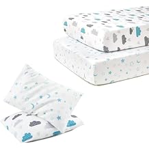 TILLYOU Toddler Pillowcase and Crib Sheets, Blue Clouds & Blue Stars