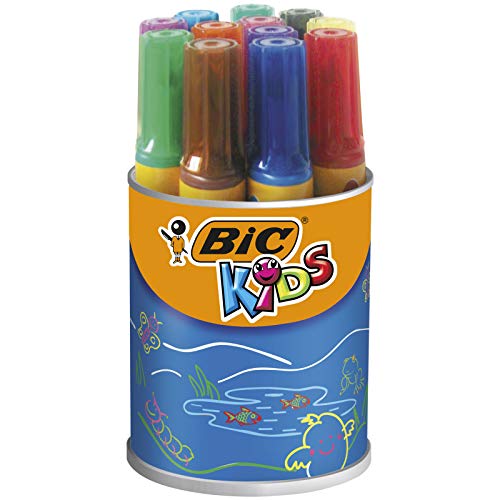 BIC Kids Decoralo Feutres de Coloriage Lavables à Pointe Extra Large - Couleurs Assorties, Pot de 12